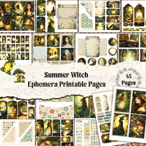 May include: A collection of Summer Witch ephemera printable pages featuring 45 sheets with illustrations of forest scenes, magical figures, lanterns, floral patterns, and botanical elements in a warm, earthy color palette for crafting projects.