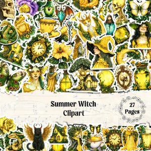 May include: A collection of Summer Witch Clipart featuring 27 pages of illustrations including skulls, frogs, snakes, yellow flowers, teacups, clocks, winged cats, and witches in yellow hats, all rendered in a vibrant yellow and green color palette.