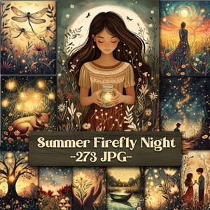 Könnte beinhalten: Eine Sammlung digitaler Kunstdrucke mit dem Titel "Summer Firefly Night" mit Illustrationen einer Frau, die ein Glas mit Glühwürmchen, Libellen und anderen Naturszenen hält. Das Kunstwerk hat eine warme Farbpalette mit einer skurrilen und verträumten Ästhetik.