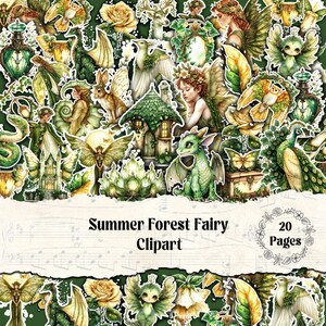 Op de afbeelding: Een verzameling digitale stickers met groen- en goudkleurige bosillustraties, waaronder feeën, draken, bosdieren, bloemen en een huisje. De tekst Summer Forest Fairy Clipart 20 Pages staat afgedrukt op een crèmekleurige achtergrond.