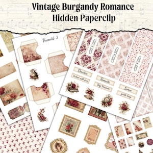 May include: A collection of vintage-style paper ephemera with a burgundy and cream color scheme. The image includes decorative paperclips, floral designs, framed images, and labels with phrases like "Devotion" and "Romantic". The text "Vintage Burgundy Romance Hidden Paperclip" is at the top.