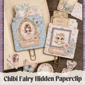 May include: Two decorative paper clips featuring layered cardstock designs. One clip displays a fairy in an ornate gold frame with the text Sweetie, while the other shows an owl in a square frame with the text Butterfly. Both include floral and butterfly accents.
