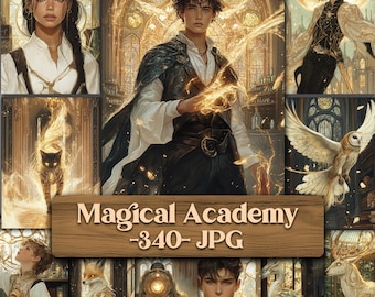May include: A collage of fantasy art featuring characters and creatures from a magical academy. The images include portraits of young people, an owl, a cat, a fox, and a deer, all with a golden glow. The text "Magical Academy" is displayed on a wooden sign.