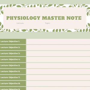 May include: A green and beige Physiology Master Note template. The top section features the text "PHYSIOLOGY MASTER NOTE" with spaces for "Lecture" and "Topic". Below are nine numbered "Lecture Objective" sections with lined spaces for notes. The design includes green leaf accents.