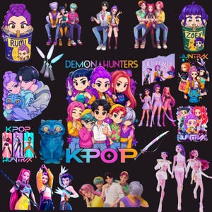 Peut inclure: Une collection d'illustrations colorées de style K-pop et anime. Les images présentent divers personnages, certains avec du texte comme "RUMI", "ZOEY" et "KPOP". L'œuvre comprend des groupes, des couples et un chat bleu.