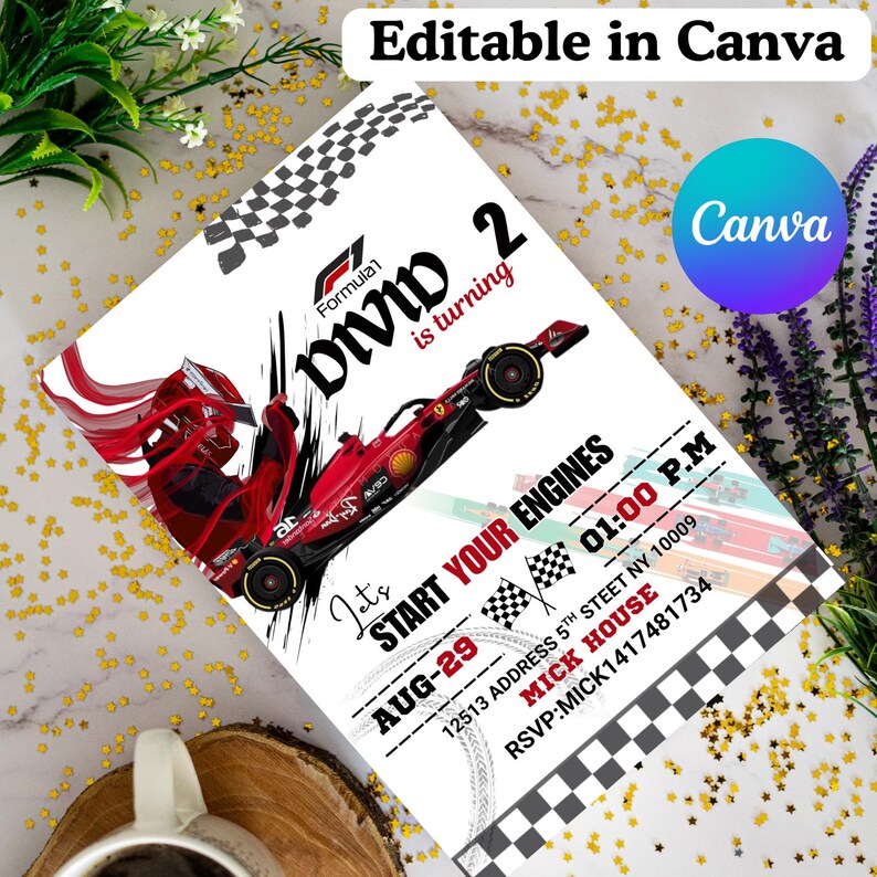 Editable Ferrari F1 Racing Invitation | Kids Race Car Birthday Card ...
