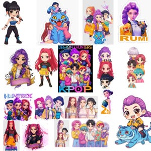 May include: A collection of colorful K-pop themed stickers featuring cartoon illustrations of singers and groups. The stickers showcase various characters with vibrant hair colors, stylish outfits, and dynamic poses. Some stickers include text like "RUMI", "DEMON HUNTERS", and "KPOP".