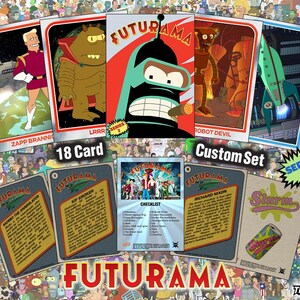 May include: A collection of eighteen Futurama trading cards featuring characters like Zapp Brannigan, Lrrr, Bender, and the Robot Devil, alongside a Planet Express ship card, a checklist card, and a Slurm soda can card, all displayed on a collage background.