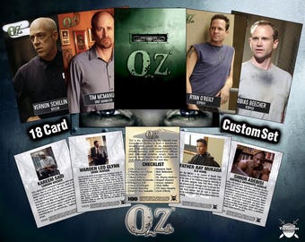 May include: A custom set of 18 "Oz" trading cards featuring characters like Vernon Schillin, Tim McManus, and Ryan O'Reilly. The cards have character names and show images of the actors. The set includes a checklist card.