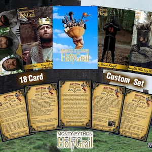May include: An 18-card custom set featuring Monty Python and the Holy Grail imagery. The cards display film scenes, character portraits, and detailed text descriptions on the reverse side, all presented against a blurred outdoor background.