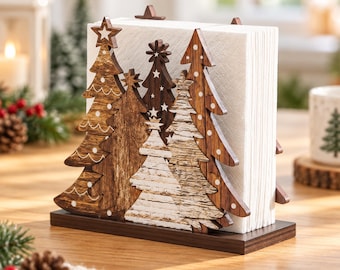 Wooden Christmas Napkin Holder, Rustic Tree Tissue Holder, Farmhouse Holiday Table Decor, Christmas Kitchen Dining Table Decoration