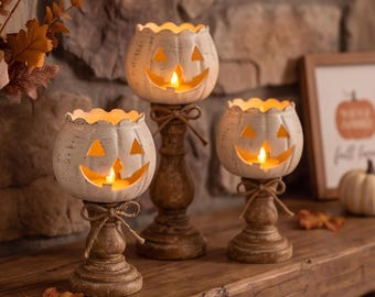 Halloween Pumpkin Candle Holder Set, Resin Jack O Lantern Tealight Stand, Fall Table Decor, Spooky Autumn Home Decor