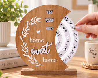 Calendrier perpétuel en bois, décoration de bureau rustique, joli calendrier pour la maison ou le bureau, décoration de table style ferme, cadeau de pendaison de crémaillère pour la famille