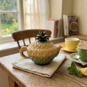 May include: A ceramic teapot shaped like a pineapple, with a green and yellow gradient. The teapot sits on a beige linen napkin on a wooden table. Two teacups and saucers are in the background.