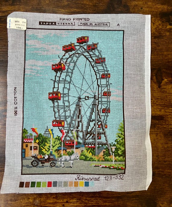 Vintage Tapex Vienna Needlepoint Canvas Riesenrad Ferris Wheel Austria •  Hand Printed 100% Cotton Canvas • Free Shipping