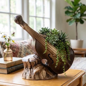 May include: A brown ceramic planter shaped like a violin resting on a tree stump base. The violin body contains a variety of green succulents, including a trailing string of pearls plant, which spills over the side of the instrument-shaped container.