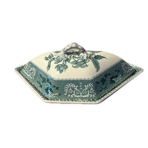 May include: A covered serving dish with a cream-colored base and a teal floral design. The dish has a rectangular shape with a scalloped edge and a handle on the lid. The floral pattern includes leaves and flowers.