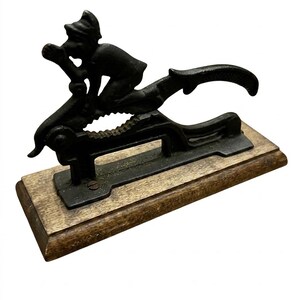 Vintage Cast Iron Elf Nutcracker on Wood Base Antique Mechanical Pixie Novelty Lever Nut Cracker Rustic Cabin Decor Unique Holiday Gift