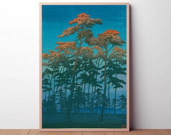 Estampado de atardecer en el bosque de Kawase Hasui – Grabado en madera vintage – Arte mural japonés