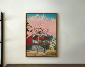 Impresión de póster de flor de cerezo japonesa - Arte vintage japonés en xilografía - Arte mural japonés