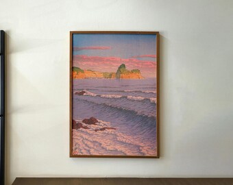 Estampado japonés de atardecer en la playa - Arte en madera de Kawase Hasui - Arte mural japonés