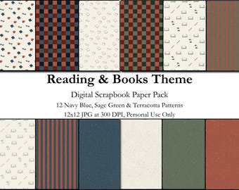Lot de 12 motifs numériques pour album de scrapbooking, thème de lecture, bleu marine, vert sauge en terre cuite, imprimable 12 x 12, téléchargement immédiat