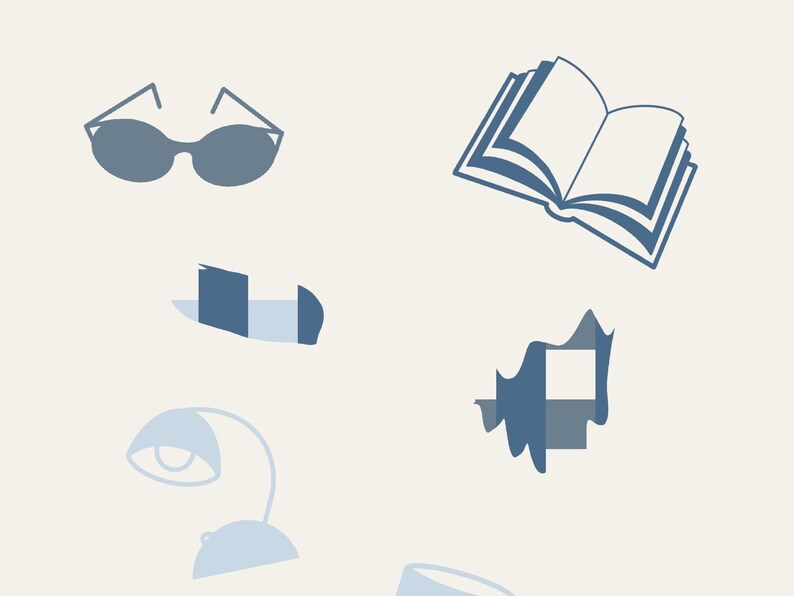 Peut inclure: Une illustration graphique compos&eacute;e d'une paire de lunettes bleu fonc&eacute;, d'un livre ouvert, d'une lampe de bureau et de formes g&eacute;om&eacute;triques abstraites dans des tons de bleu sur un fond cr&egrave;me clair. Les &eacute;l&eacute;ments sont dispos&eacute;s de mani&egrave;re &eacute;parse.