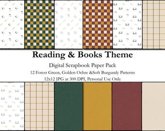 Pack de papier Scrapbooking Academia foncé, 12 motifs numériques, vert forêt ocre bordeaux beige, amoureux des livres, imprimable, téléchargement immédiat 12 x 12