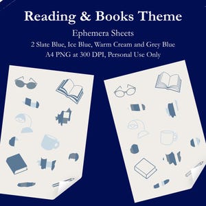 Peut inclure: Deux feuilles d'&eacute;ph&eacute;m&egrave;res A4 sur le th&egrave;me Reading & Books avec des illustrations bleu ardoise, bleu glace, cr&egrave;me chaud et bleu gris. Les feuilles contiennent des ic&ocirc;nes de livres, lunettes, lampes, tasses et crayons sur fond cr&egrave;me.