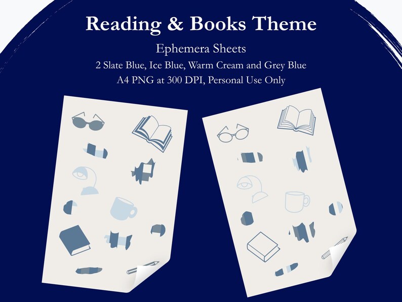 Peut inclure: Deux feuilles d'&eacute;ph&eacute;m&egrave;res A4 sur le th&egrave;me Reading & Books avec des illustrations bleu ardoise, bleu glace, cr&egrave;me chaud et bleu gris. Les feuilles contiennent des ic&ocirc;nes de livres, lunettes, lampes, tasses et crayons sur fond cr&egrave;me.