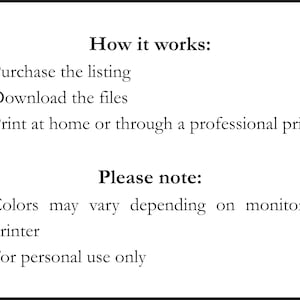 Peut inclure: Un guide d'instructions num&eacute;rique avec du texte noir sur fond blanc. Il indique How it works : 1. Purchase the listing, 2. Download the files, 3. Print at home or through a professional printer. Please note : Les couleurs peuvent varier.