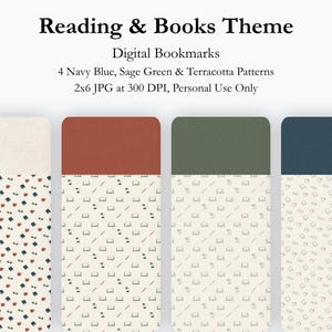 May include: Digital bookmarks with a reading and books theme. The image shows four rectangular bookmarks with rounded corners. The top sections are navy blue, sage green, and terracotta. The bottom sections have patterns of books, hearts, and glasses.
