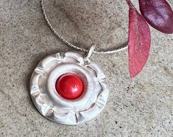 Coral Pendant In Silver, Handmade Silver Pendant Necklace, Round Silver Pendant, Large Statement Pendant, Orange Stone Necklace, Coral Gifts