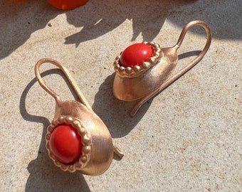 Coral Earrings , 14K Gold Coral Jewelry, Red Gold Earrings, Rose Gold Earrings Dangle, Teardrop Earrings Gold, Handmade Gold Drop Earrings