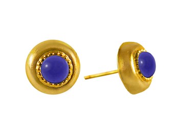 Gold Round Stud Earrings, Iolite Earrings, Violet Earrings, Handmade Stud Earrings For Women, Purple Gemstone Earrings, Purple Gold Earrings