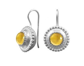 Yellow Stone Earrings, Round Gemstone Earring, Citrine Silver Jewelry, Yellow Gemstone Jewelry, Citrine Earrings Dangle, Citrine Gift