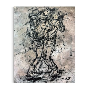 May include: Abstract black and white painting depicting three figures in cowboy hats, embracing. The artwork features a textured, grey background with black scribbled lines, creating a dynamic composition. The figures are depicted in a loose, gestural style.