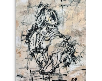 Abstract Cowboy Horse Signed Art Print Poster – Expressive Western Wall Decor