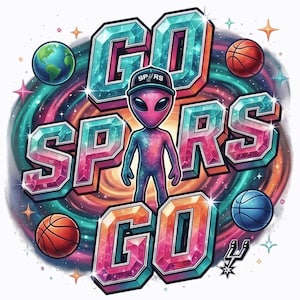 Go Spurs Go Faux PNG, patch con logo dei San Antonio Spurs, sublimazione con skyline dai colori della festa, design per maglietta da basket per il giorno della partita.