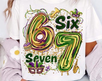 Mardi Gras 6 7 PNG, mardi gras numéros PNG, conception de chemise de carnaval coloré, perles masque King Cake Clipart, viral Mardi Gras Meme Six Seven