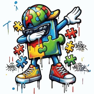 Dabbing Puzzle Autism Awareness png, Autism Acceptance Boy Dabbing Graphic, Neurodiversity Puzzle Piece Shirt Design, Färgglatt Autism Support