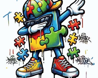 自閉症啓発のためのダビングパズル（png）、自閉症の受容を示す少年のダビンググラフィック、神経多様性パズルピースのシャツデザイン、カラフルな自閉症支援