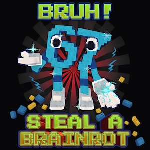 Puede incluir: Diseño gráfico sobre fondo negro con un personaje azul pixelado y el texto "BRUH!" arriba y "STEAL A BRAINROT" abajo. El personaje tiene manos y pies blancos, con bloques azules y amarillos dispersos.