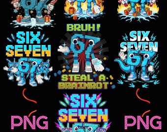 Bundle Steal a Brainrot 67 Meme Png, 6 7 dessins de memes drôles, Design de t-shirt Six and Seven brainrot, pack de designs de personnages meme drôles