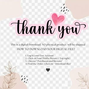 Pode incluir: Gr&aacute;fico rosa e preto com as palavras "thank you" em escrita cursiva, um cora&ccedil;&atilde;o rosa e instru&ccedil;&otilde;es sobre como baixar um arquivo digital do Etsy. Elementos decorativos incluem formas bege e pontos pretos.