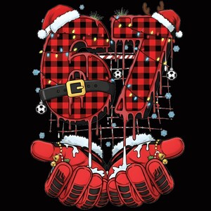 May include: A festive graphic featuring the numbers "67" in a red and black buffalo plaid pattern, adorned with Santa hats and string lights. The numbers appear to be melting, with red drips. Red gloves hold the numbers, with soccer balls and snowflakes.