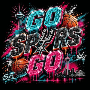 May include: A graphic design on a black background featuring the text GO SPURS GO with a basketball team logo. The letters are rendered in a diamond-like texture with blue and pink dripping paint effects, two basketballs, and the San Antonio skyline.