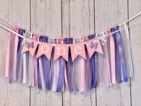 Butterfly First Birthday High Chair Banner - Pink & Purple Tassel Decor With Wood Beads