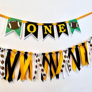 Football 1st Birthday Decorations - First Year Down Football Birthday Backdrop - High Chair Skirt- Black and Yellow ONE - Babys Rookie Year