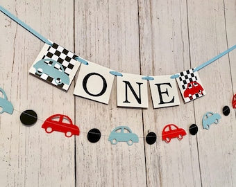 Cars first Birthday Boy, Cake smash Photo Prop, ONE High Chair Banner, Vintage Inspired Race Car 1st Birthday Decorations , Fast ONE